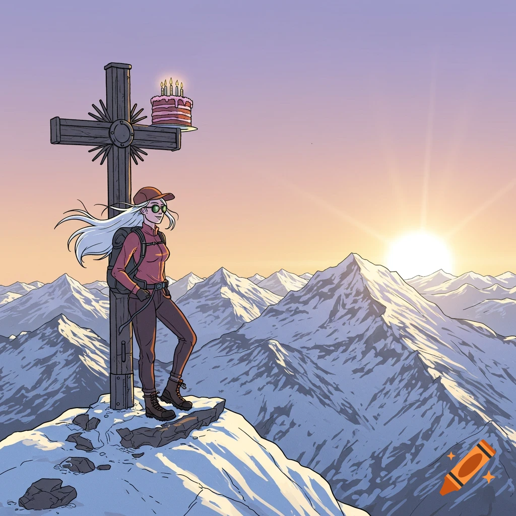 Comic illustration of a woman hiker on a snowy mountain peak with a birthday cake on the summit cross at sunset.