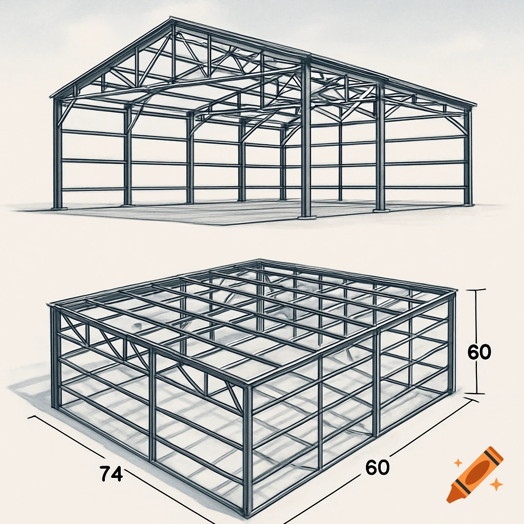 Technical drawing of a 74x60 metal building frame, showing side and top views.