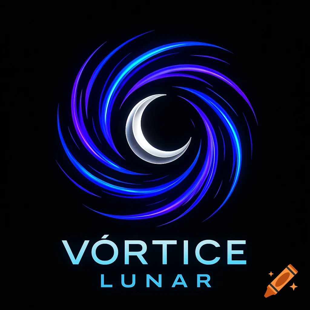 A logo featuring a silver crescent moon surrounded by swirling blue and purple light trails, with the text 'VÓRTICE LUNAR' below on a black background.