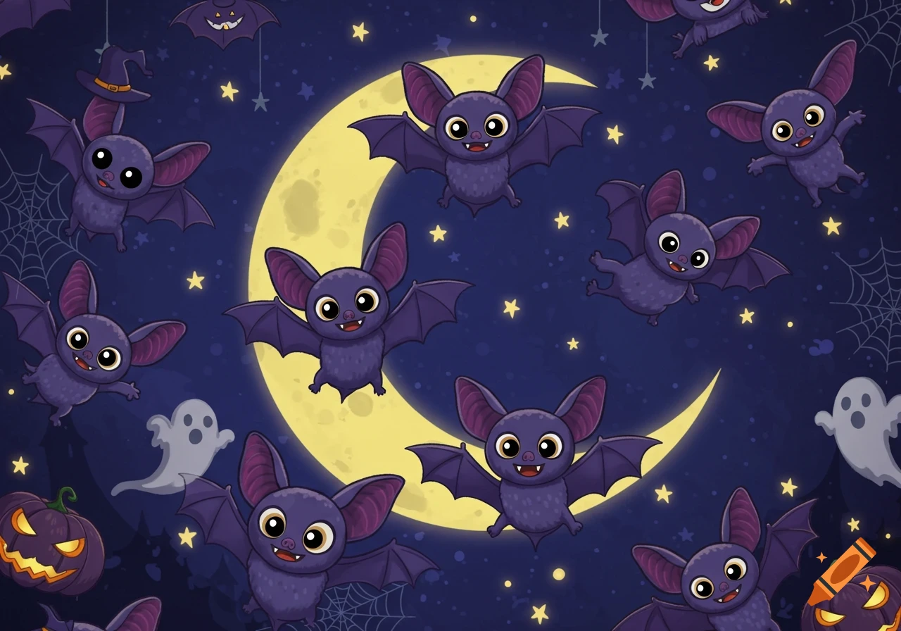 A cartoon Halloween wallpaper with cute purple bats flying around a crescent moon and stars, with ghosts, jack-o'-lanterns, and spider webs.
