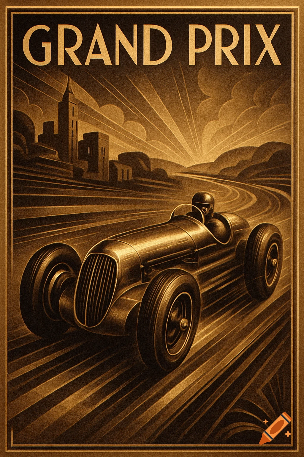 Art Deco vintage Grand Prix poster with a race car, city, and mountains under a radiating sun.