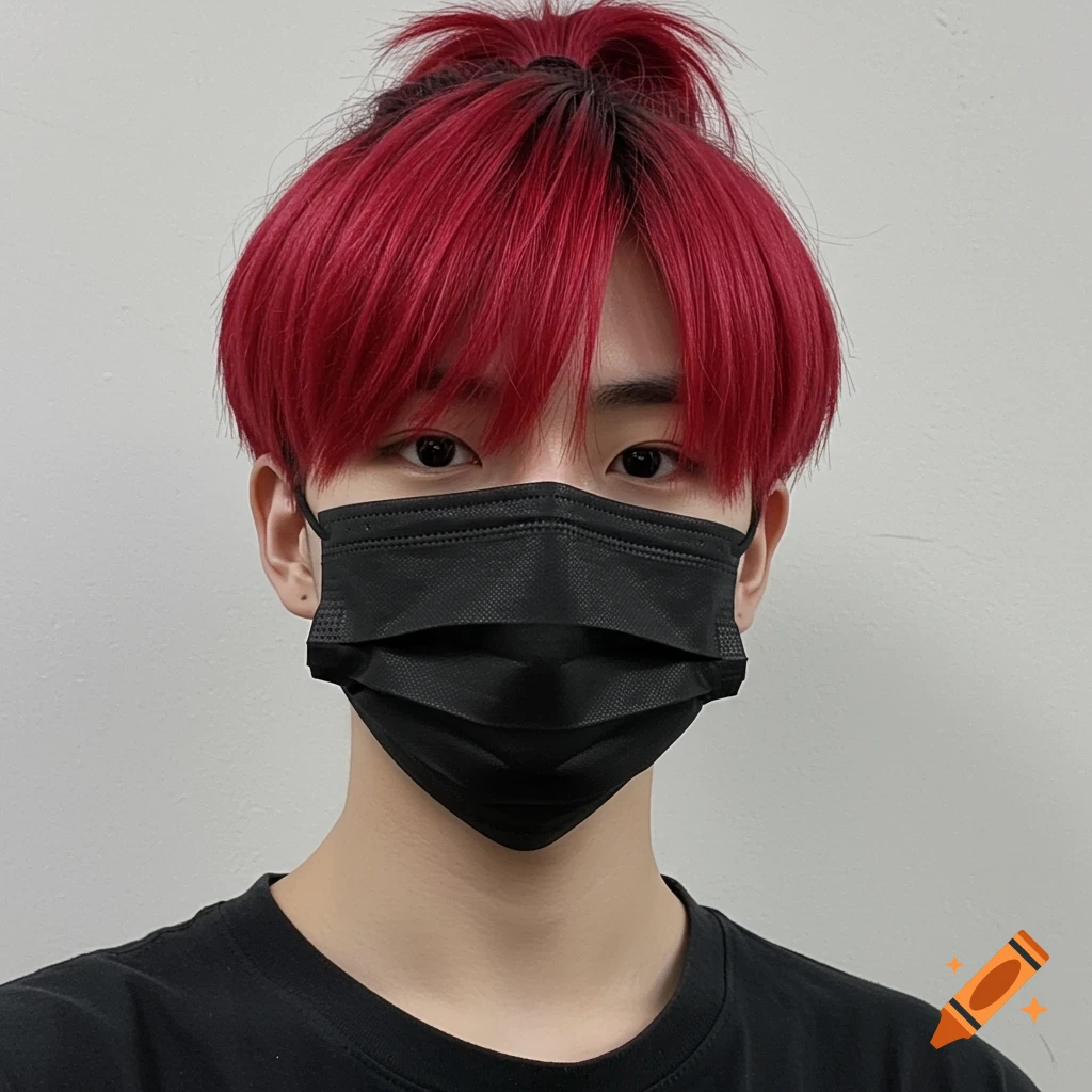 Close-up portrait of a person with bright red hair in a messy bun, bangs, and a black face mask, wearing a black t-shirt.