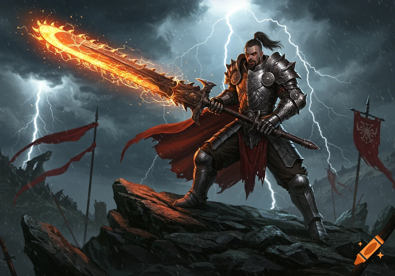 A formidable fantasy warrior in dark armor holds a glowing, fiery chainsaw sword on a rocky outcrop under a stormy, lightning-filled sky.