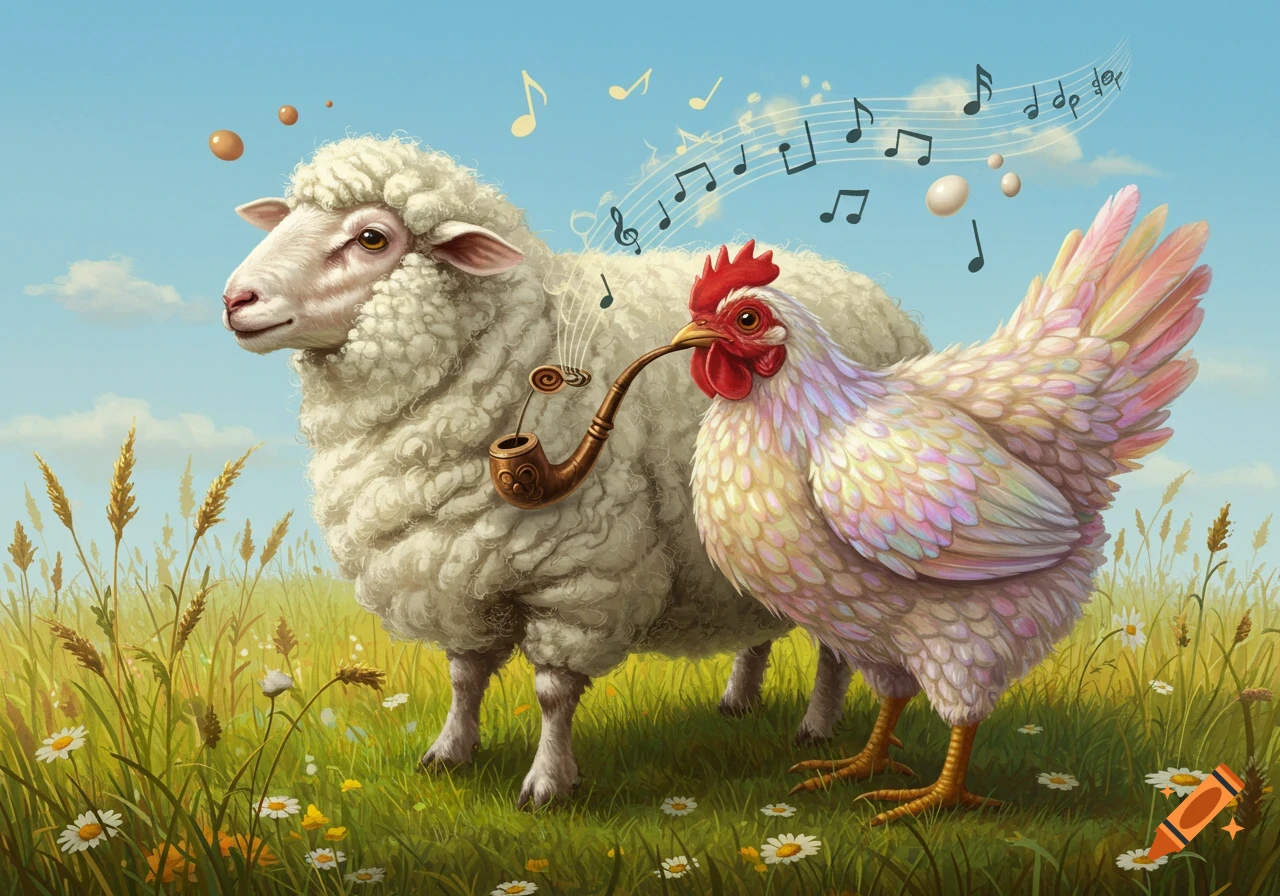 A surreal illustration of a sheep and a chicken with a pipe in a grassy field, featuring musical notes and eggs floating in the sky.