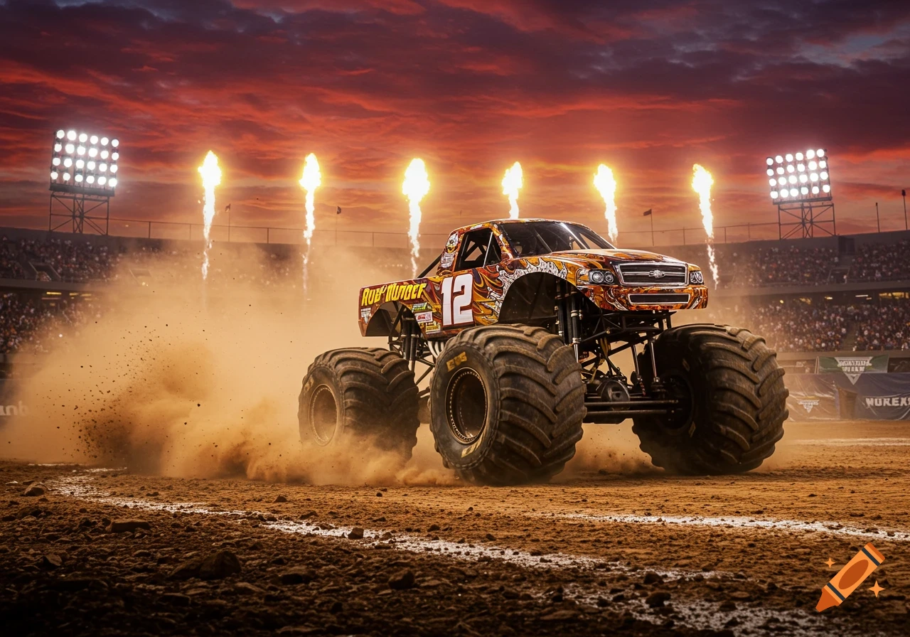 A monster truck, "Rob Thunder #12", kicks up dust in a stadium with flames and bright lights under a dramatic sunset sky.