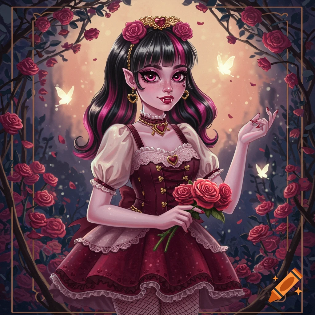 Stylized Draculaura with black and pink hair, fangs, and a ruffled dress, holding roses in a romantic garden with butterflies.