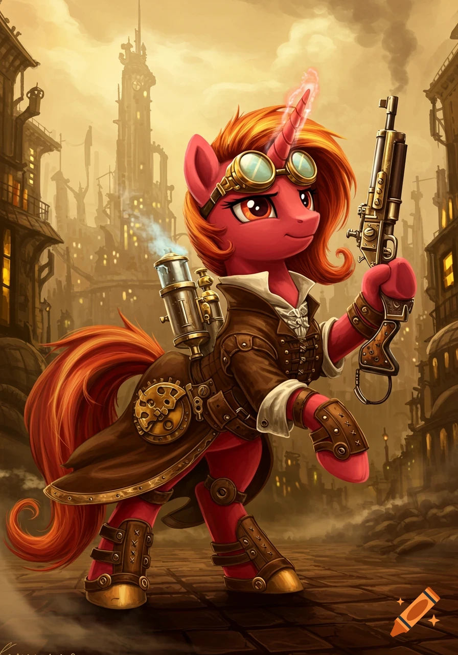 A red My Little Pony unicorn with an orange mane, wearing a brown steampunk outfit and goggles, holding a steampunk gun in a busy steampunk city.