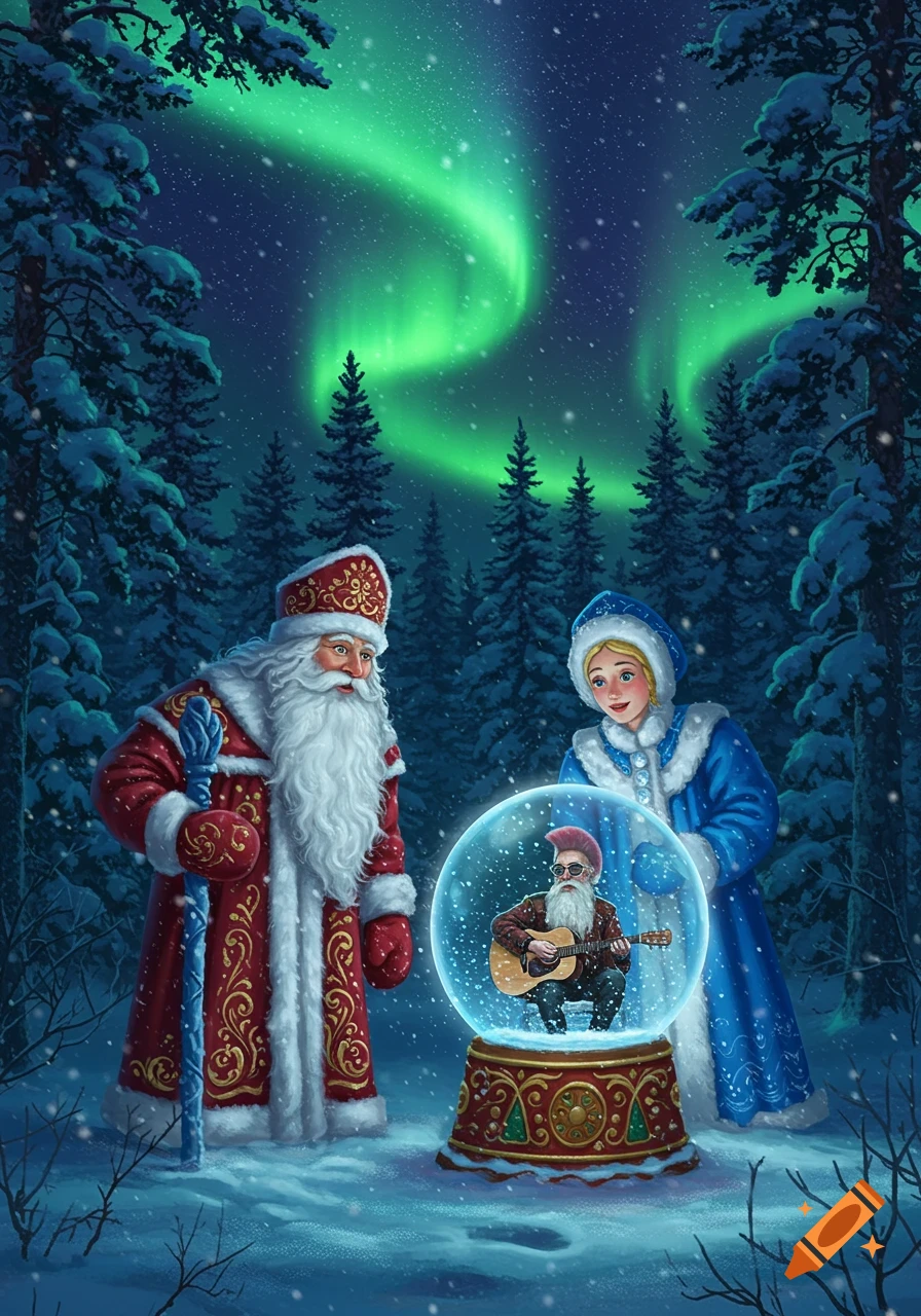 Ded Moroz and Snegurochka gaze at a snow globe containing a bearded man playing guitar in a snowy forest with aurora borealis.