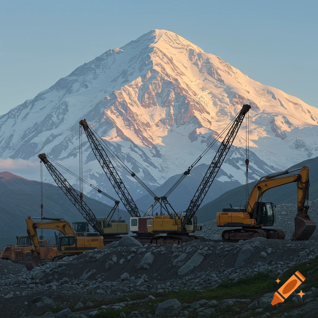 Photorealistic image of Denali mountain illuminated by sunrise behind multiple cranes and excavators on rocky ground.
