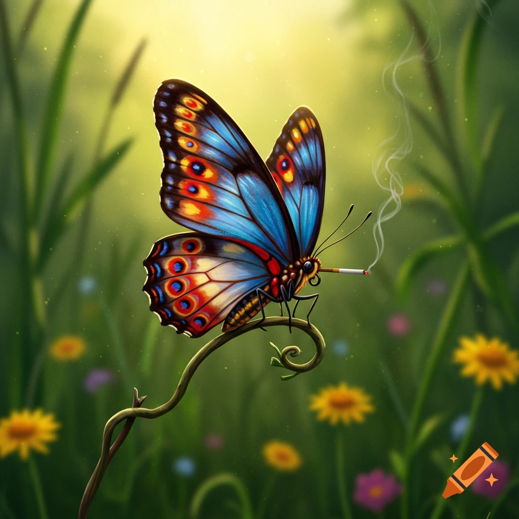 A vibrant butterfly with blue, red, and orange wings perched on a green vine, smoking a cigarette in a sunlit field.