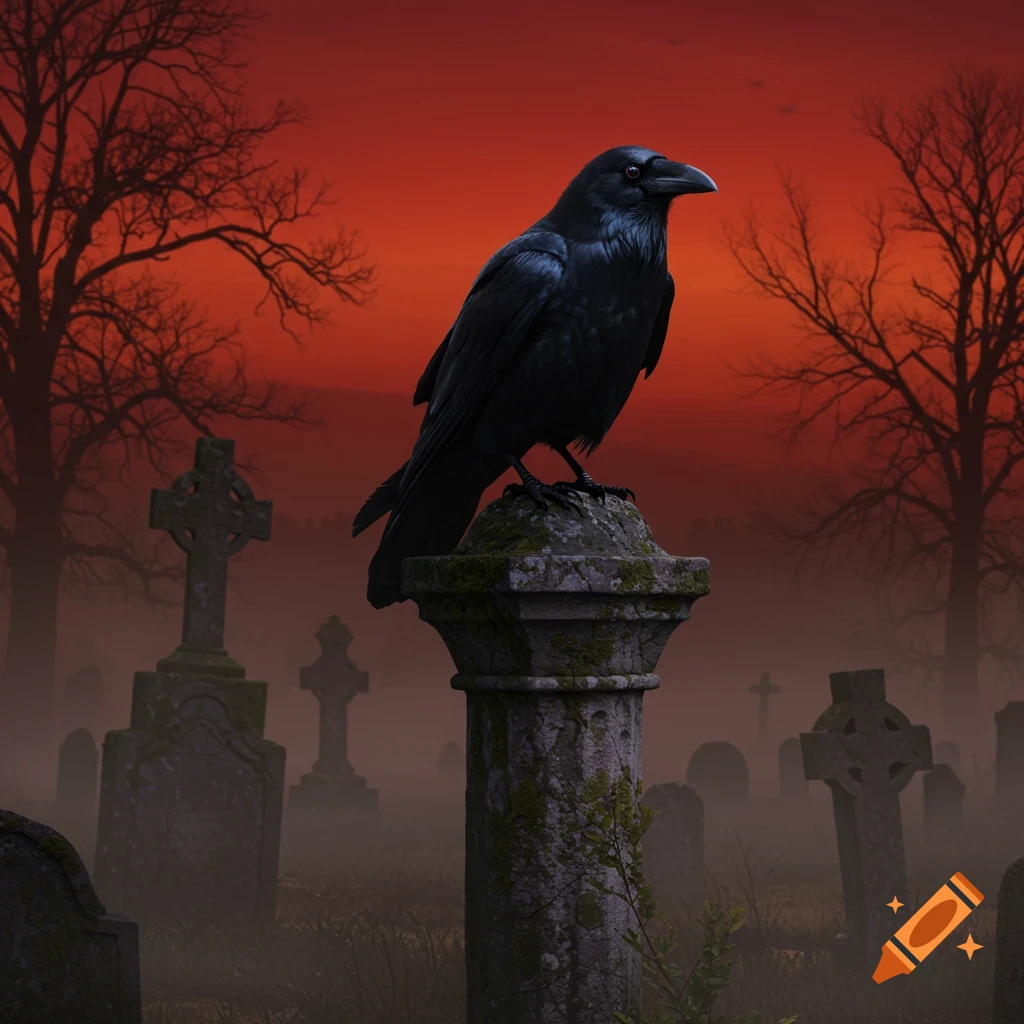 A black raven with subtle red eyes perches on a mossy stone pillar in a foggy graveyard at sunset, with silhouetted trees against a vibrant red sky.