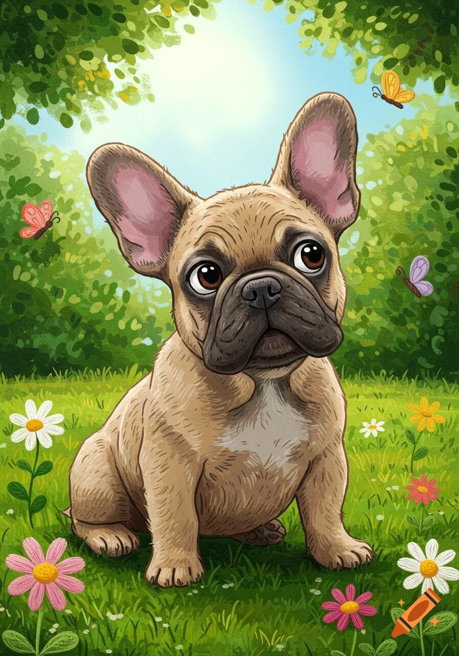 A Funny Cartoon French Bulldog created on Craiyon, image size:896x1280