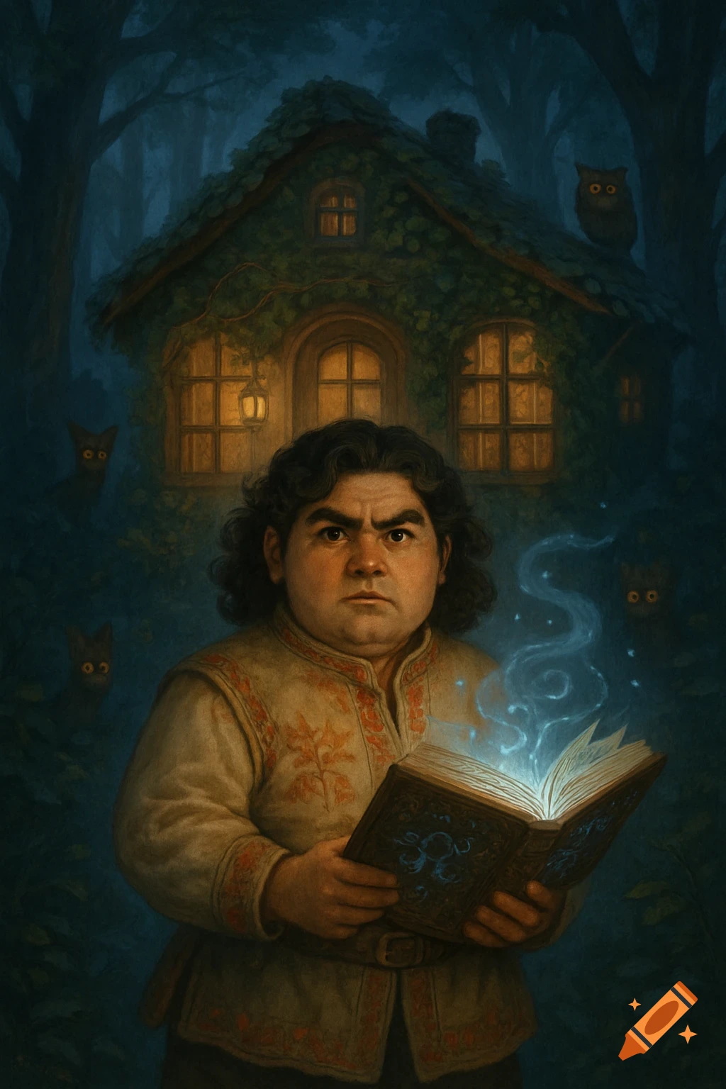 A stocky man with curly hair and thick eyebrows holds a glowing spell book in front of a vine-covered cabin in a dark forest with lurking creatures, fantasy illustration.