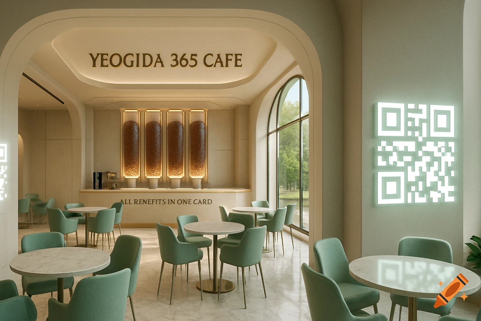 A luxurious, modern cafe interior with mint chairs, marble tables, coffee bean dispensers, a glowing QR code, and large arched windows looking out to a park.