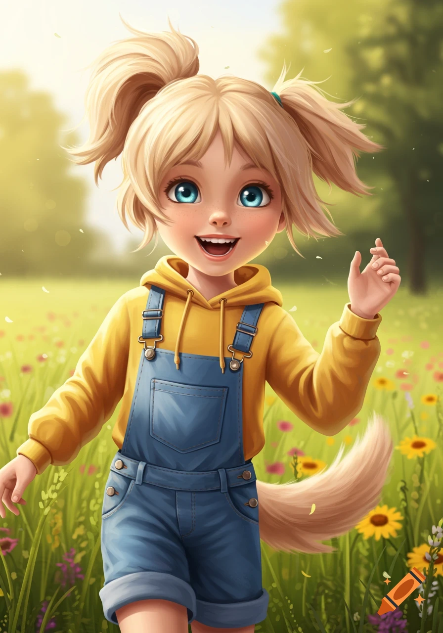 A cheerful blonde cartoon girl with pigtails and a dog tail wears a yellow hoodie and denim overalls in a sunny wildflower field.