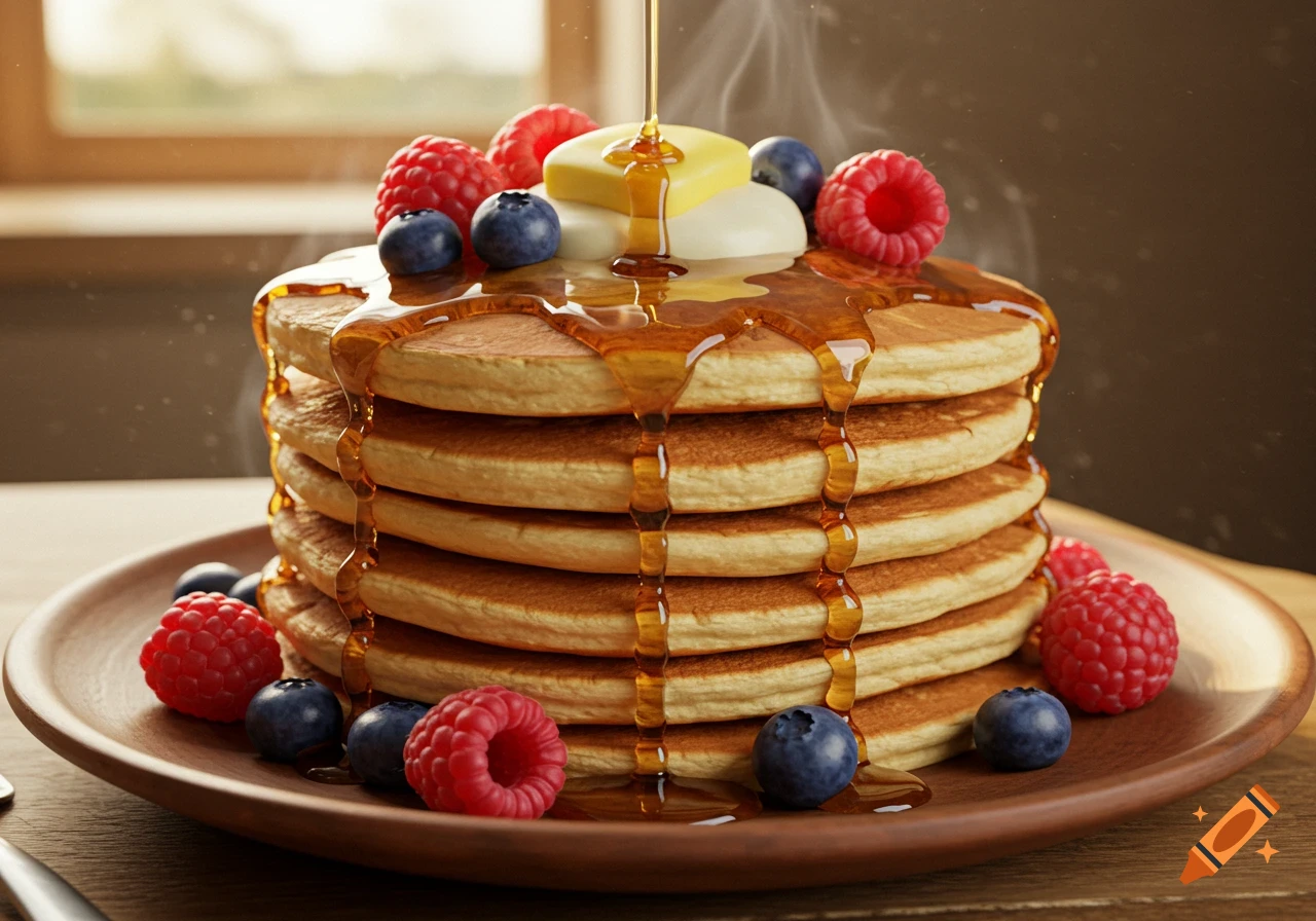 Photorealistic stack of pancakes with pouring maple syrup, butter, raspberries, and blueberries on a wooden plate.