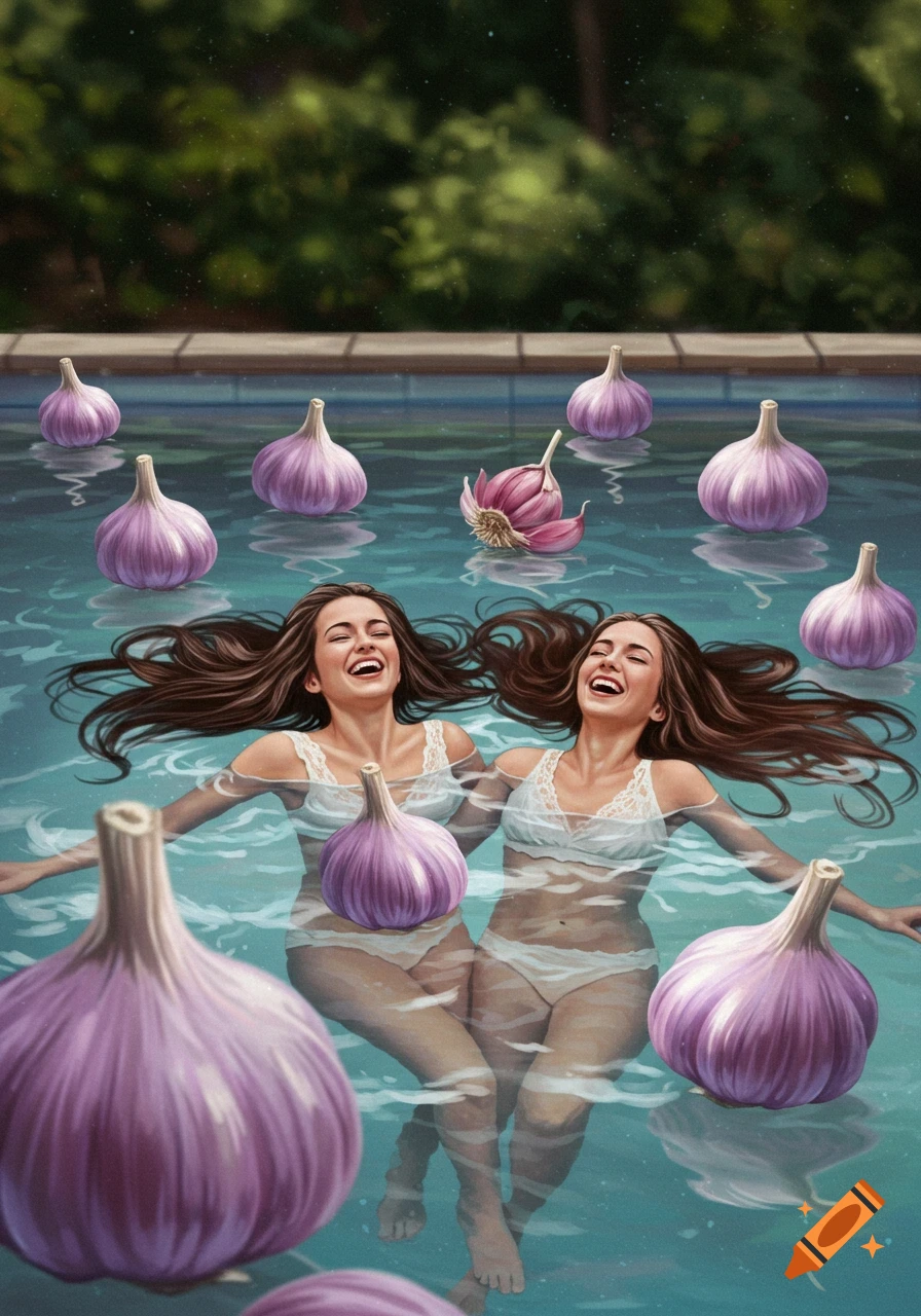 Two smiling women in white lingerie float in a pool surrounded by purple garlic bulbs, illustrated in a surreal style.