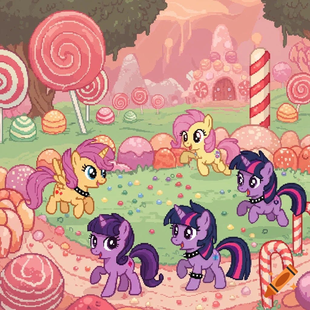 Five cartoon ponies walk through a vibrant pixel art candy land filled with giant lollipops and candy mounds.