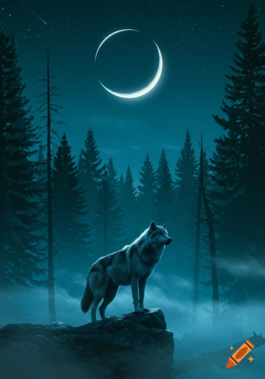 A lone wolf stands on a rock under a bright crescent moon and starry night sky in a misty pine forest.
