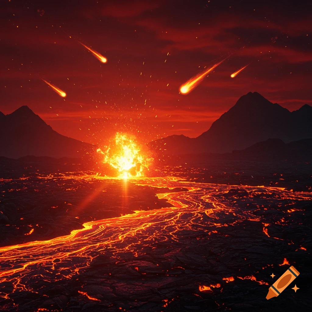 A volcanic landscape with bright orange lava rivers, a central explosion, dark mountains, a red sky, and fiery meteors falling.