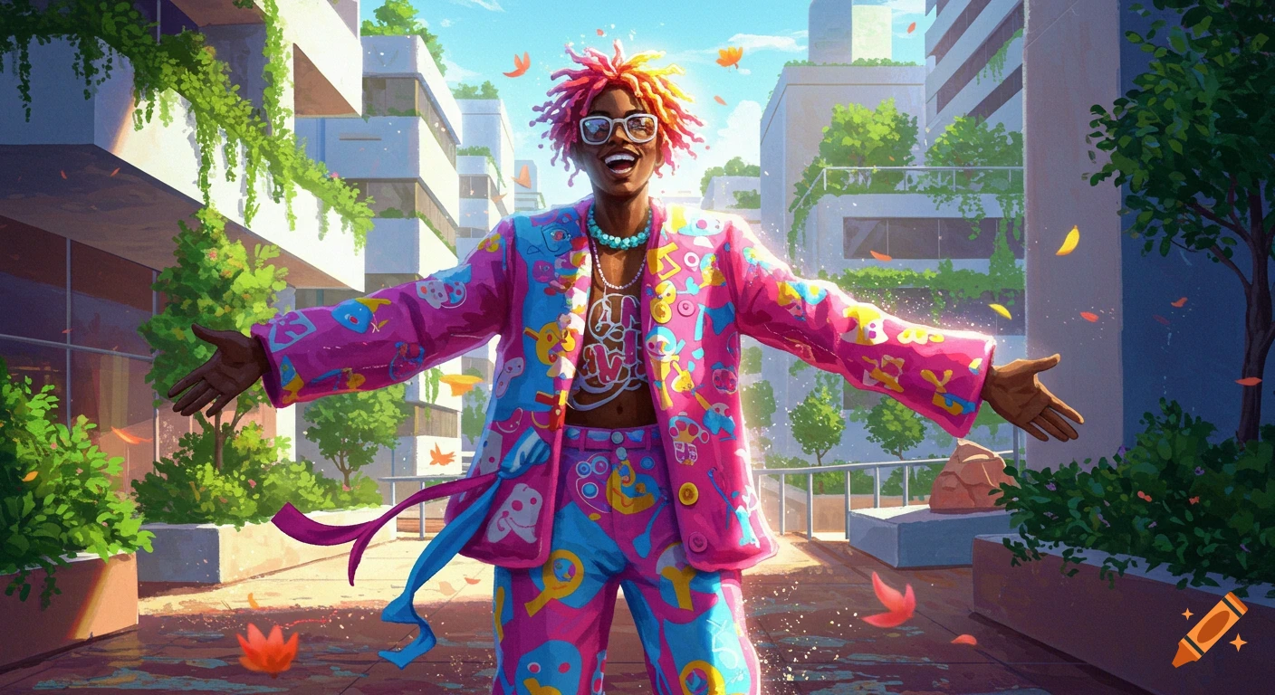A smiling person in a vibrant pink and blue patterned suit with colorful dreadlocks and sunglasses stands on a stylized city street.