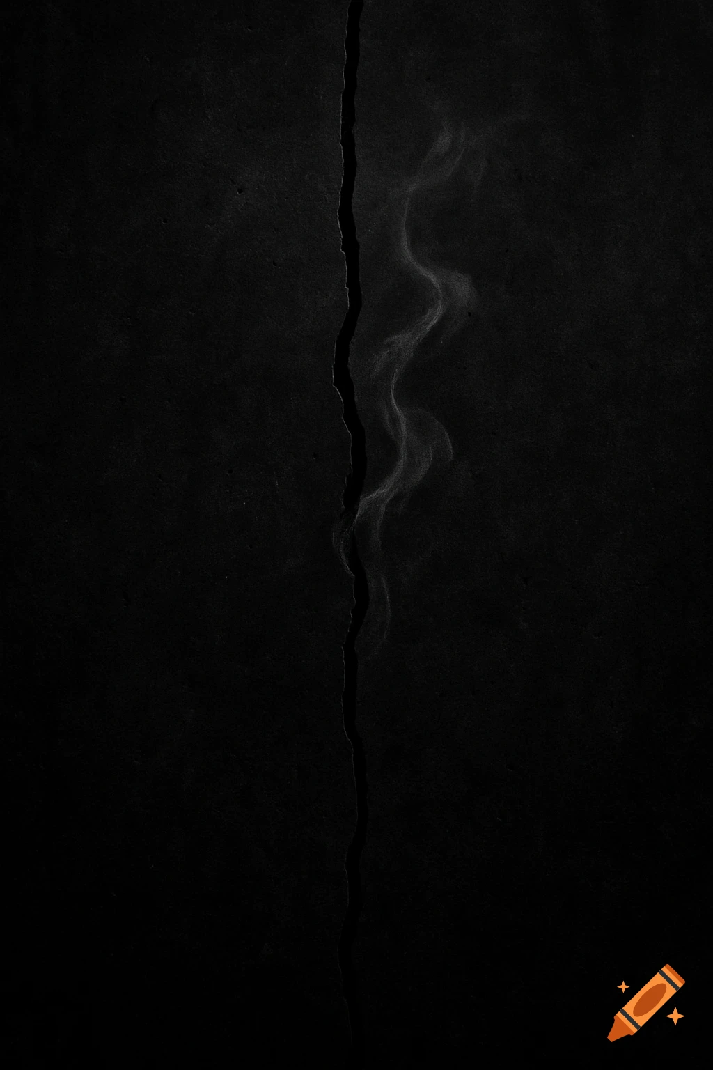 A minimalist, high-contrast black and grey image of a dark concrete wall with a single vertical crack, from which subtle smoke wisps emerge.