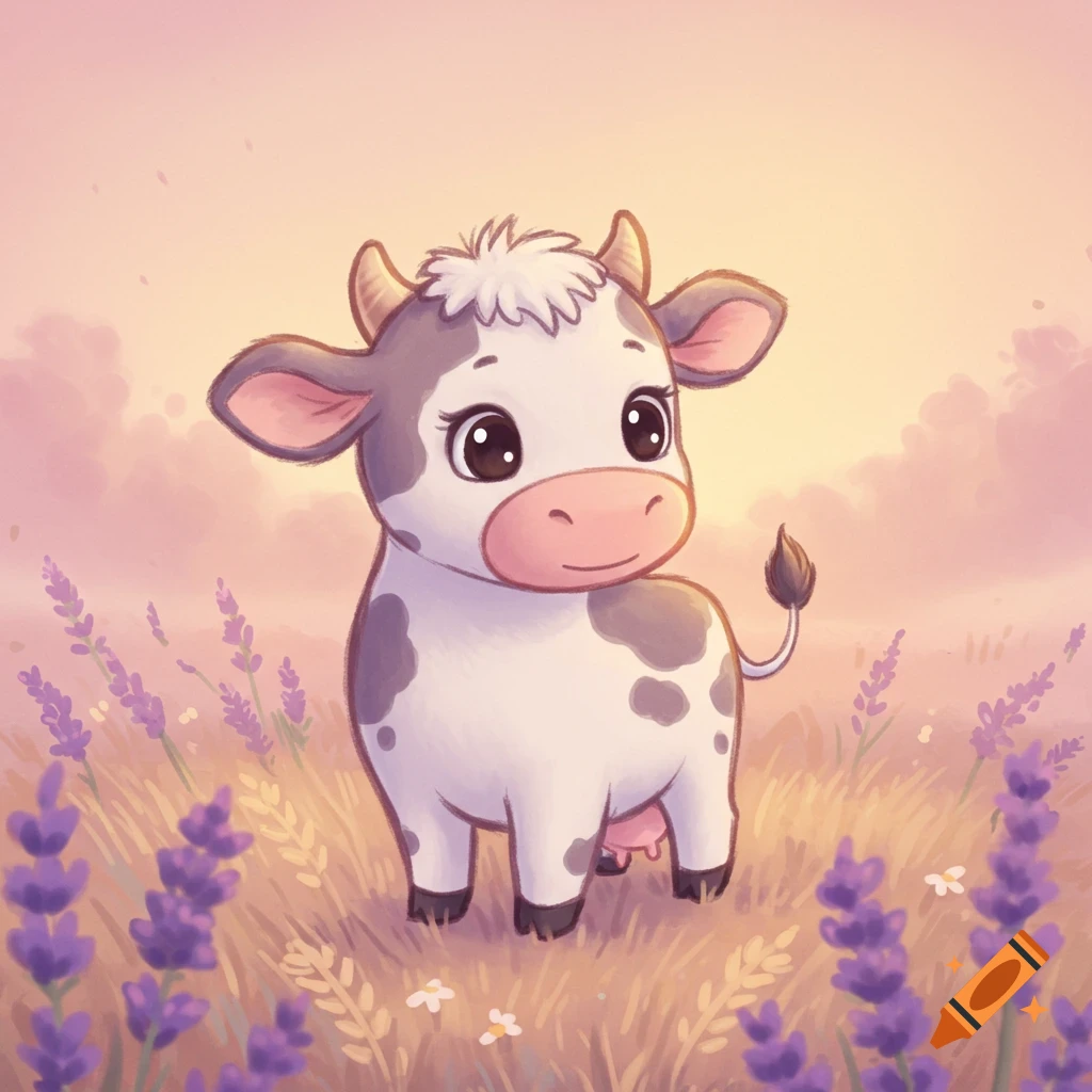 A cute cartoon cow with big eyes stands in a field of purple lavender and grass under a pastel pink and orange sky.