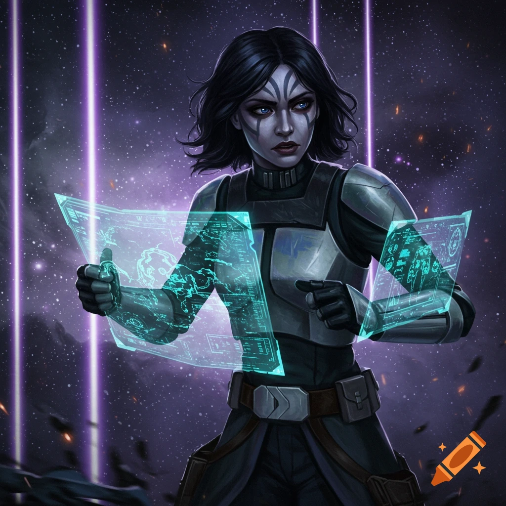 A dark-haired woman with facial markings and armor holds two glowing holographic screens displaying maps in a starry purple space.