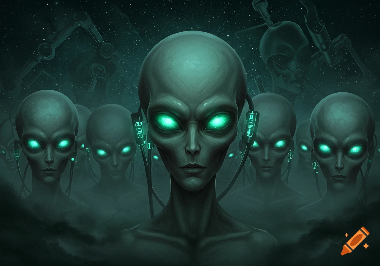 Group of grey aliens with glowing green eyes and cybernetic implants, in a dark, starry space setting with alien structures.