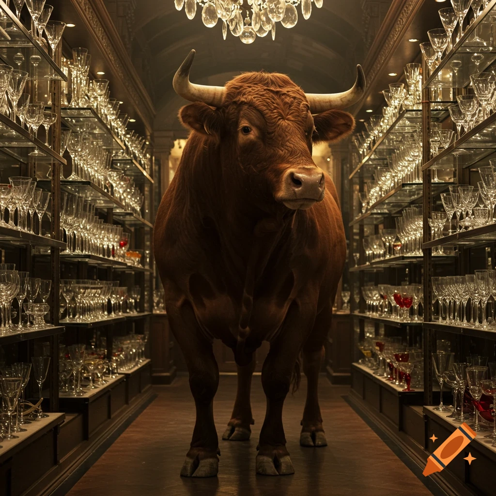 A large brown bull stands in the aisle of a luxurious glassware shop filled with shelves of crystal glasses.