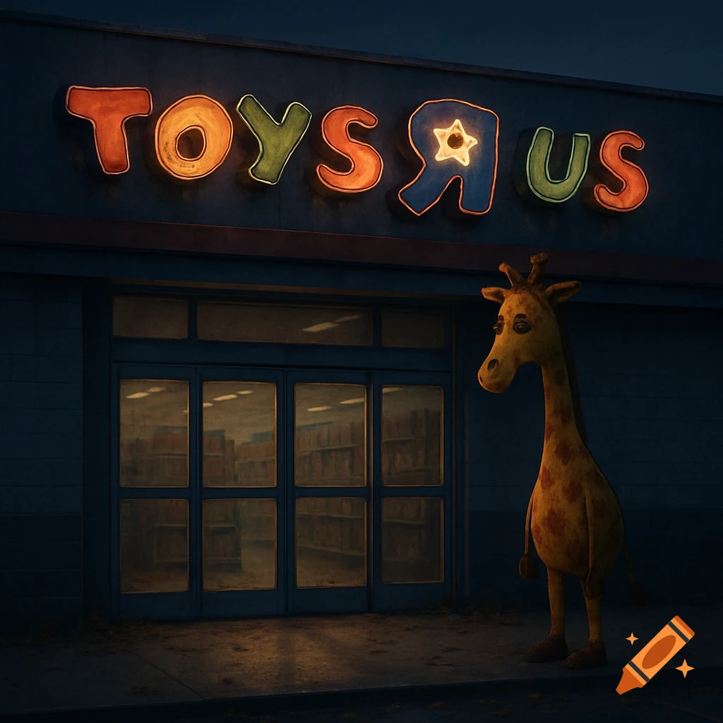 A lonely Geoffrey the Giraffe stands outside a dimly lit Toys "R" Us store at night.