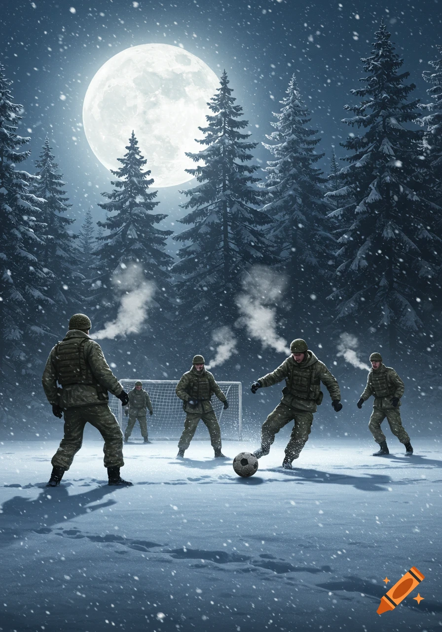 Soldiers play soccer on a snowy field at night, under a huge full moon, surrounded by snow-covered pine trees in a photorealistic style.