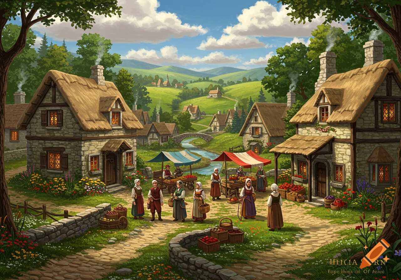 Detailed illustration of a lively medieval village market with people, thatched-roof houses, a river, and green hills under a blue sky.