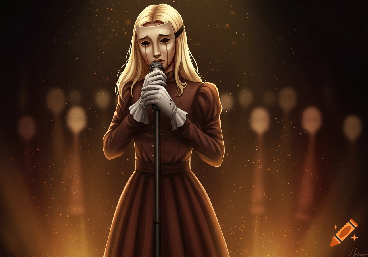 Digital illustration of a blonde woman in a brown dress and white gloves, wearing a sad theatrical mask and singing into a microphone on a stage with warm lights.