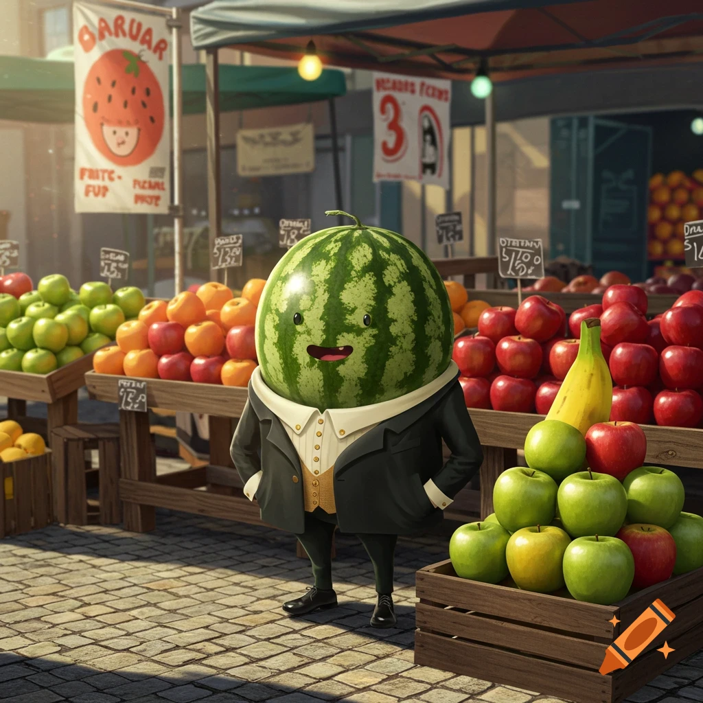A friendly anthropomorphic watermelon in a suit stands in a vibrant outdoor fruit market with stalls of apples, oranges, and bananas.