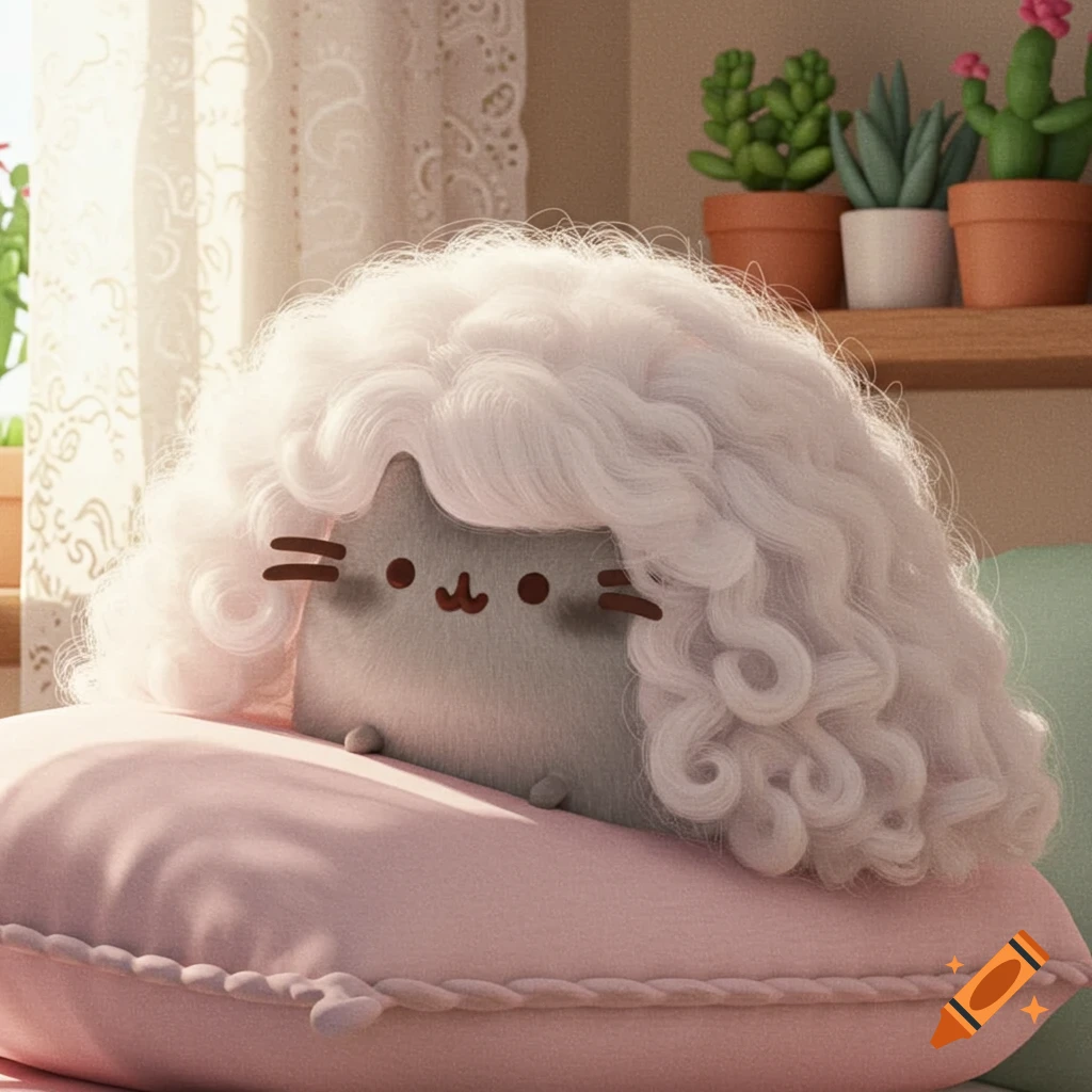 Pusheen the cat with fluffy white curly hair, lying on a pink pillow in a bright room with plants.