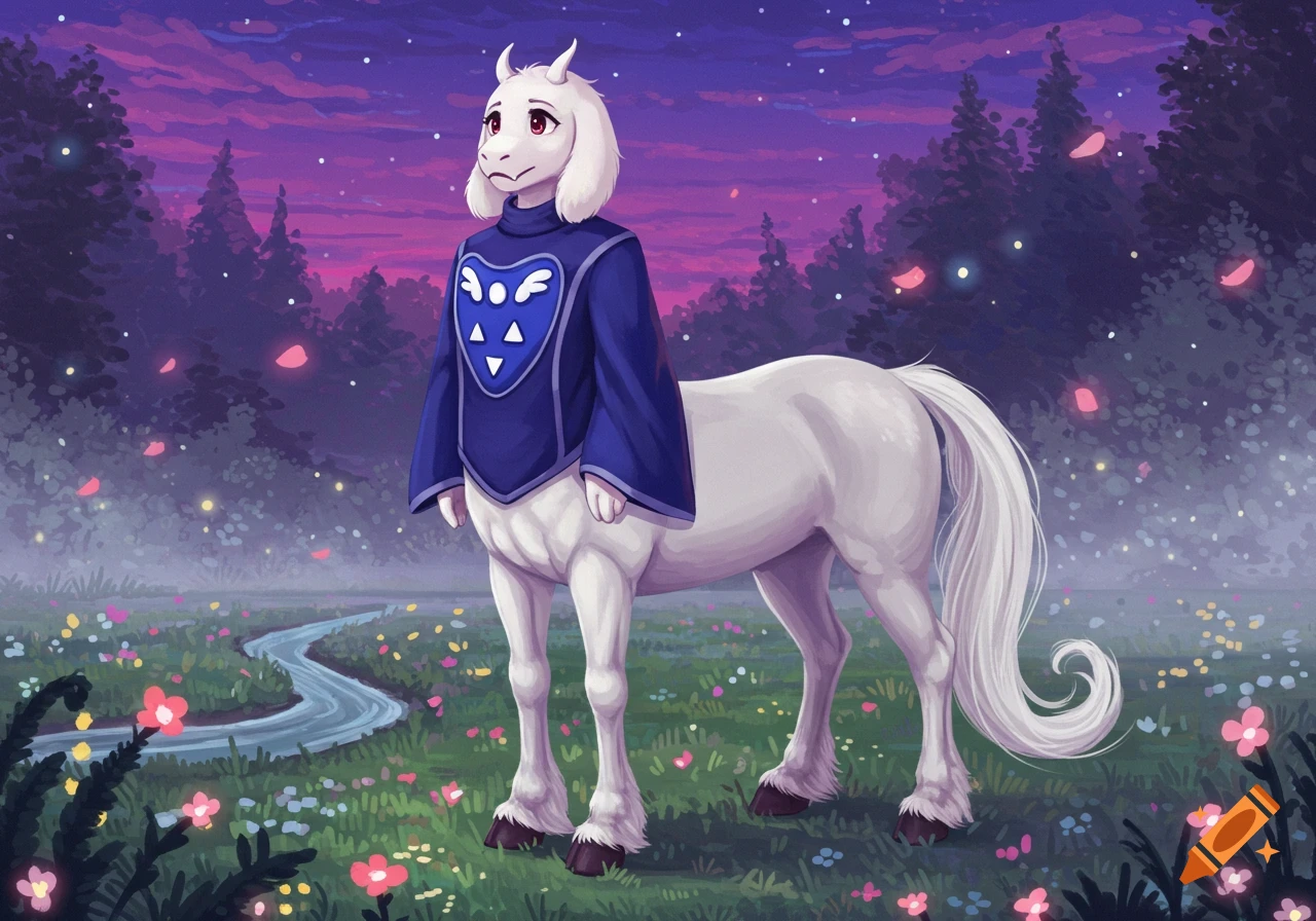 A white centaur resembling Toriel from Undertale, wearing a blue tunic, stands in a vibrant, glowing fantasy forest at dusk.