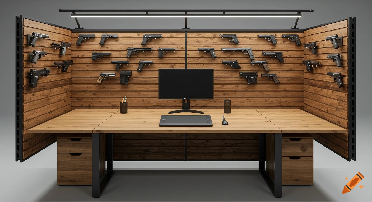 A high-resolution studio shot of a modern wooden workstation with a monitor and drawing tablet, surrounded by walls adorned with numerous handguns.