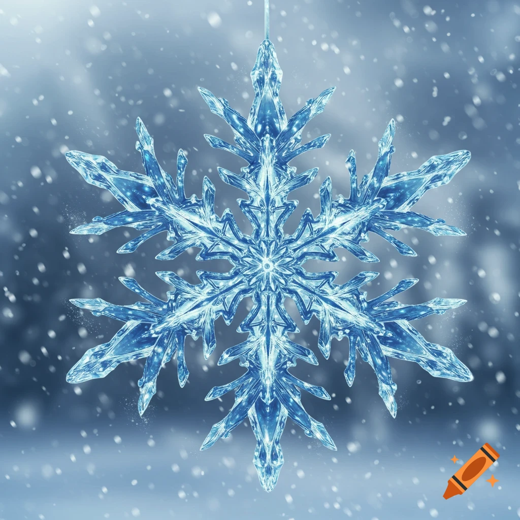 A close-up of an intricate, glowing blue ice snowflake with delicate patterns, set against a softly blurred background of falling snow.