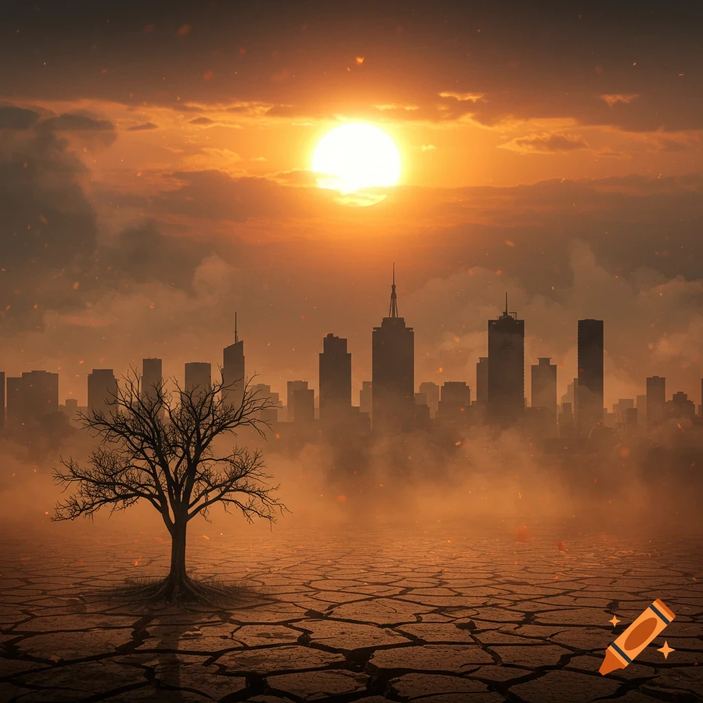 A barren tree on cracked earth foregrounds a smoky city skyline under a fiery orange sunset, depicting global warming.