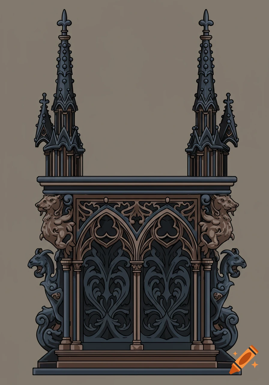 Stylized illustration of a gothic pedestal with two tall spires, ornate dark blue and brown carvings, and carved animal figures.