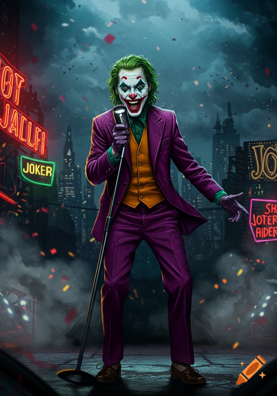 The Joker, in his purple suit and green hair, stands smiling maniacally with a microphone in a stylized, dark city street scene with neon signs and falling confetti.