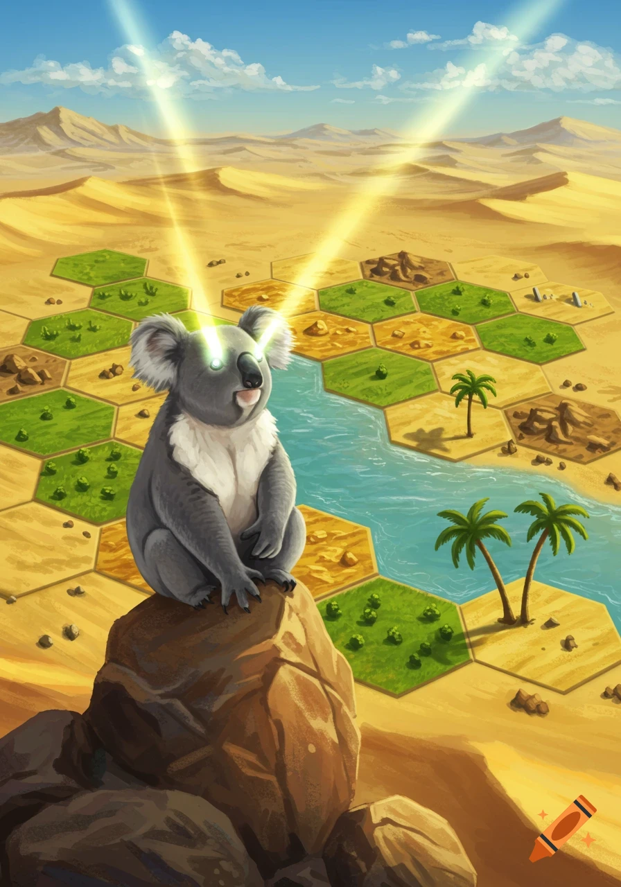 A cartoon koala shoots light beams from its eyes, sitting on a rock in a desert with a river and hexagonal Catan-like resource tiles.