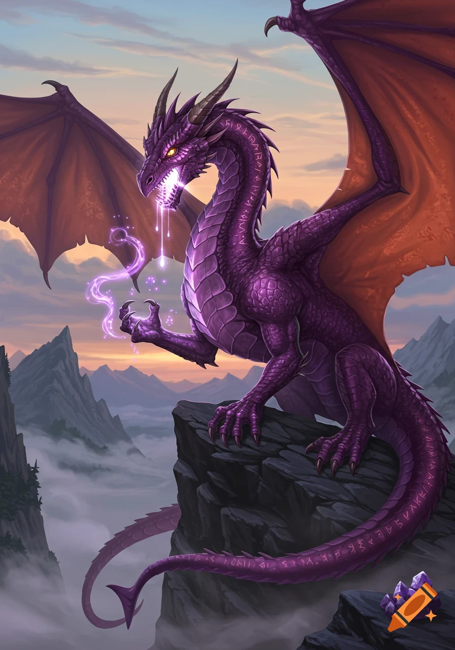 A majestic purple dragon with glowing eyes sits on a cliff, casting purple magic over a misty mountain landscape at sunset.