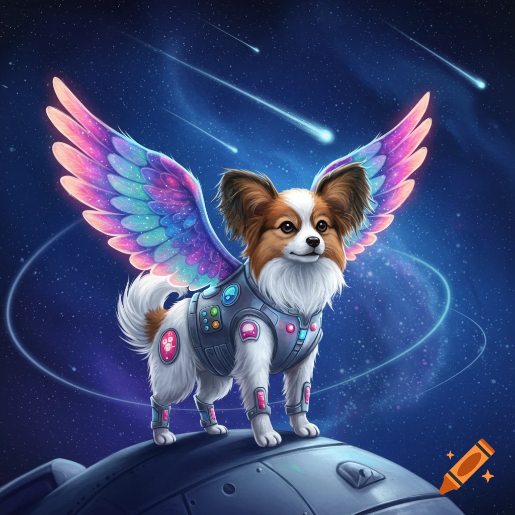 A papillon puppy in a futuristic space suit with vibrant rainbow wings stands on a spaceship against a cosmic background.