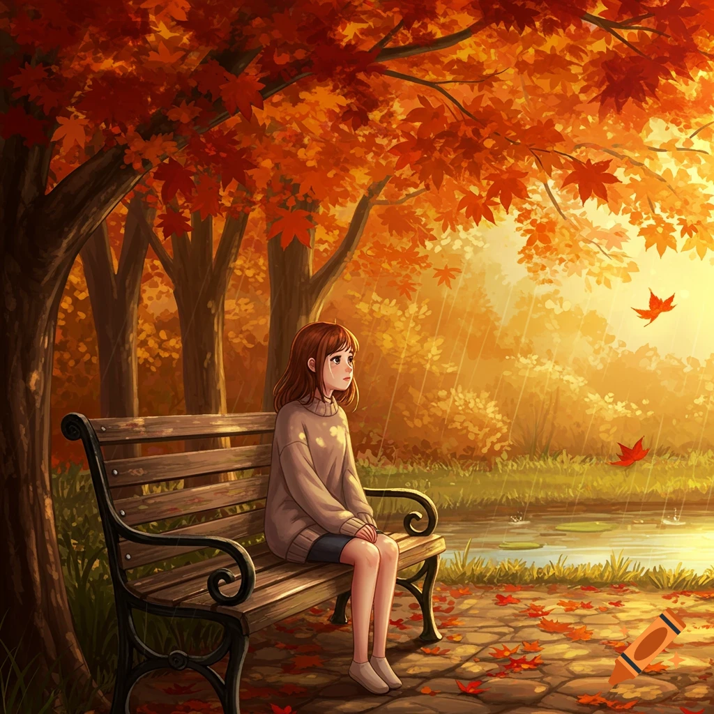 An anime girl with brown hair sits sadly on a park bench under a tree with red and orange autumn leaves, with rain falling.