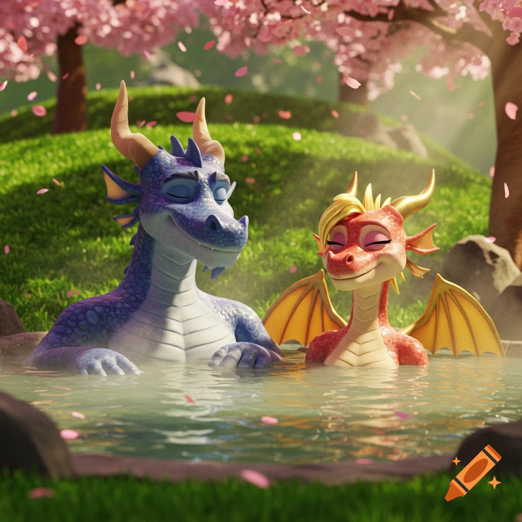 A blue and a red cartoon dragon happily relax in a steamy outdoor hot tub with pink cherry blossoms falling.