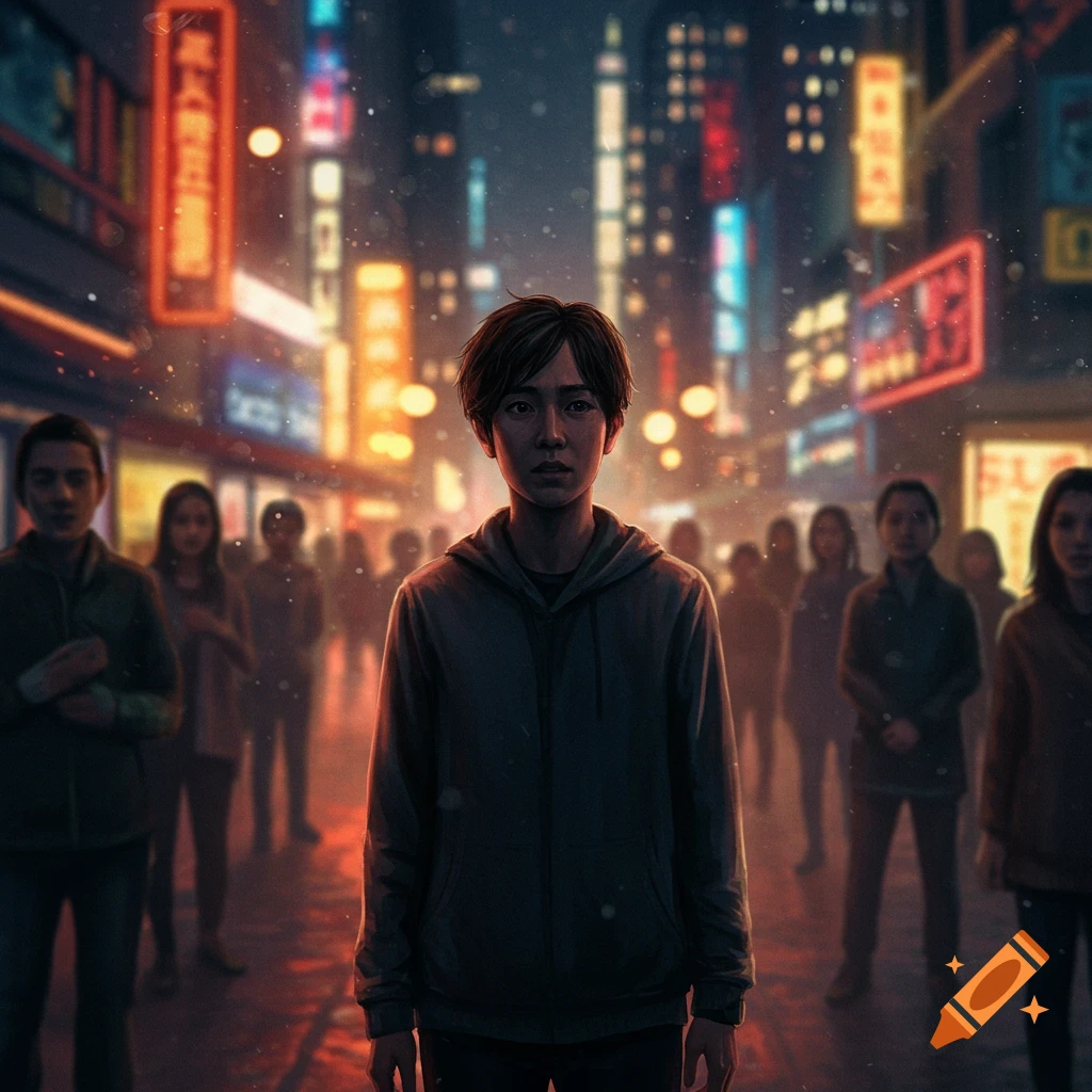 A young person with dark hair stands in the center of a bustling, neon-lit city street at night, looking forward with a serious expression. A crowd of blurred figures is in the background.