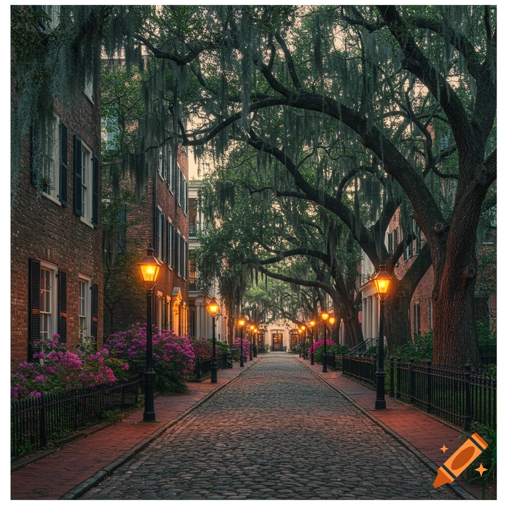 A picturesque cobblestone street in a historic city lined with brick buildings, blooming flowers, and Spanish moss-draped trees, illuminated by glowing street lamps at dusk.