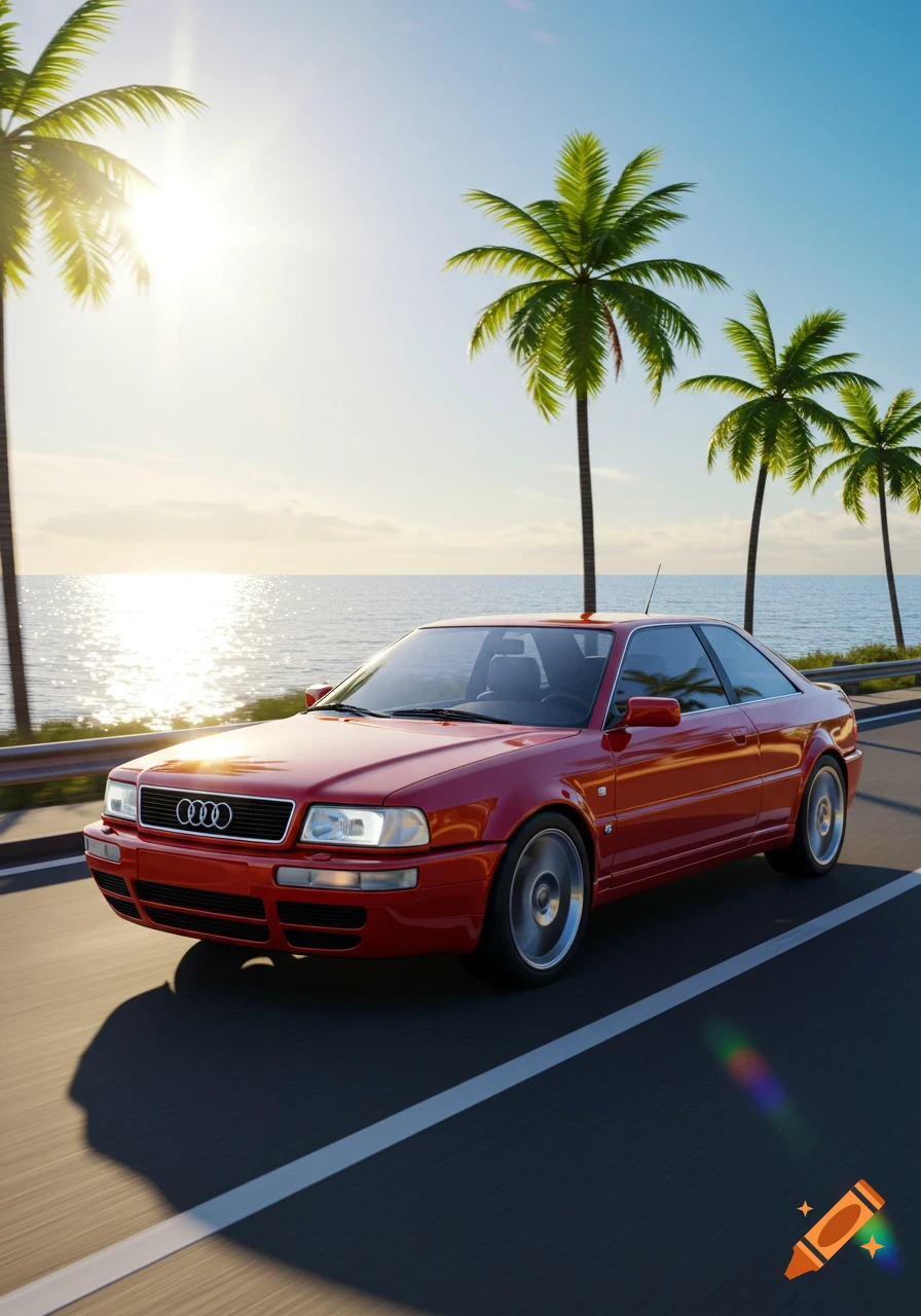 A red Audi car drives on a coastal road lined with palm trees under a bright sunny sky with the ocean in the background.